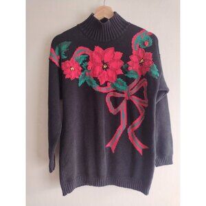 Vintage 90s Holiday Sweater L Pretty Bold Poinsettia Picone Sport Mock Neck